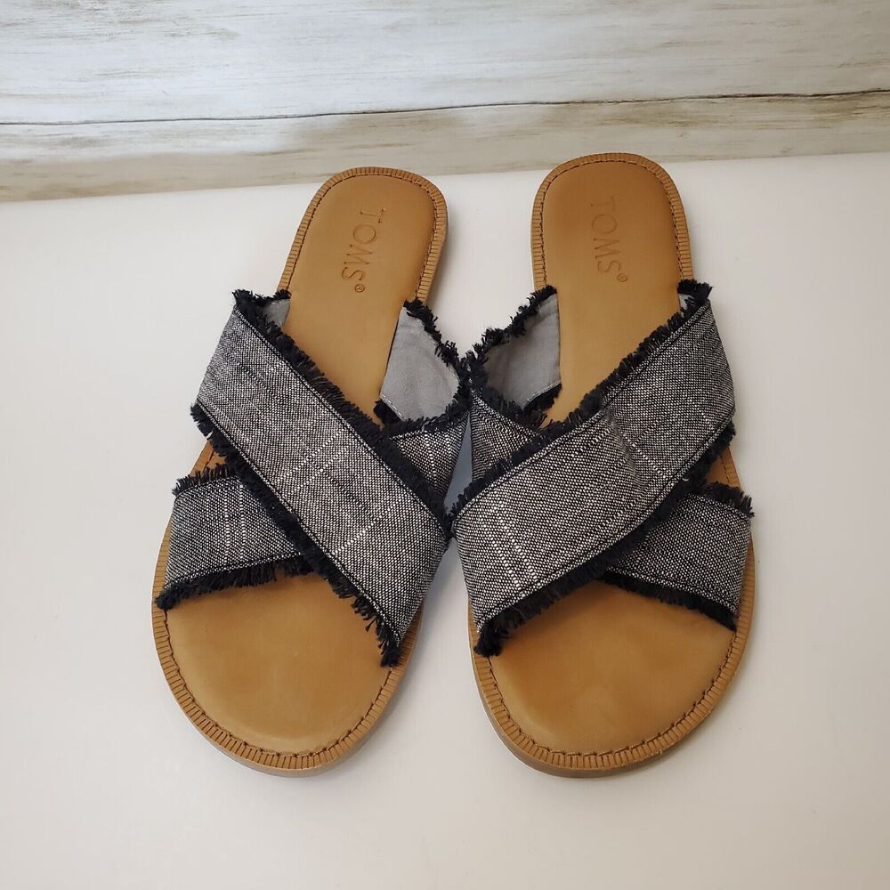 TOMS Viv Sandals Textured Black Chambray Slip-on Shoes Women’s Size 6.5